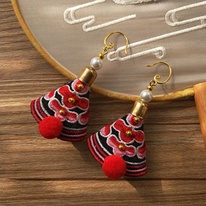 民族风耳环 刺绣耳饰 少数民族配饰耳钉 绣花毛球耳环 中国风饰品