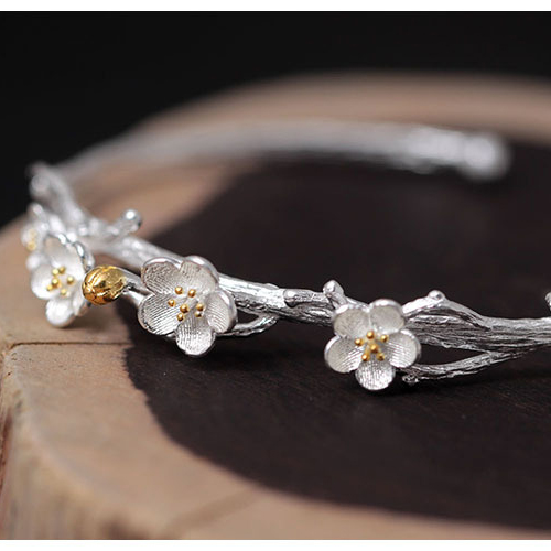    925银手镯女开口可调节创意梅花手工银饰雨中花手环复古文艺古典