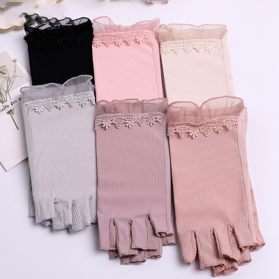 春夏防紫外线防滑蕾丝短款开车薄款半指露指防晒手套女士