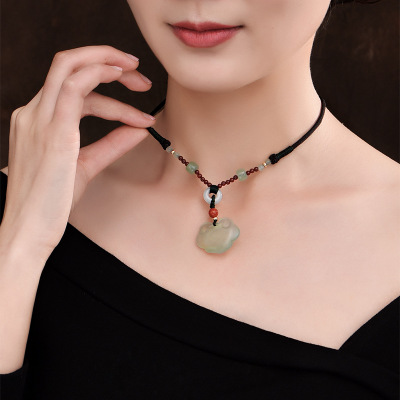 古风森系短款项链天然岫岩玉民族风装饰玉吊坠复古时尚气质锁骨链
