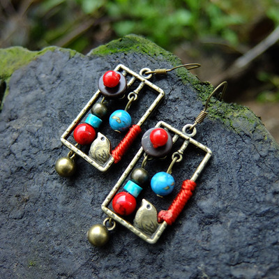 原创特色饰品民族风鸟笼松石椰壳耳环