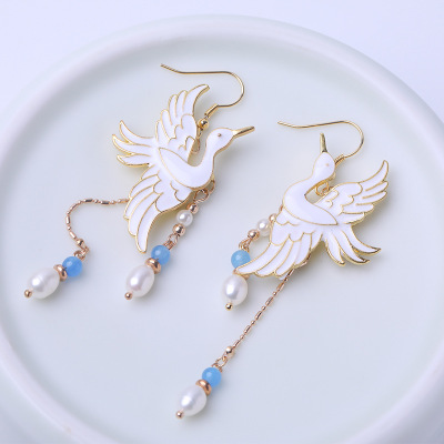  汉服耳饰珍珠流苏仙鹤耳环925耳钩饰品 少女古风耳坠复古旗袍配饰